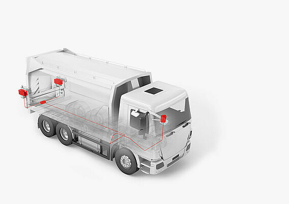 Modèle 3D d’un camion de chargement arrière sur lequel une bascule PFREUNDT est montée 