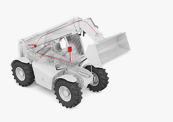 3D model of a telescopic handler on which the PFREUNDT scale is attached 