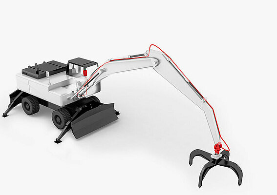 3D model of an excavator on which the PFREUNDT scale is attached 
