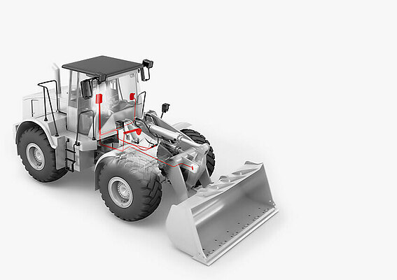 3D model of a wheel loader on which the PFREUNDT scale is attached 