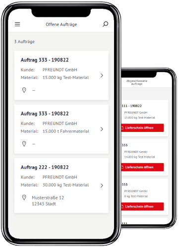 Die PFREUNDT Load & Go App Auf zwei Mobiltelefonen wird die PFREUNDT Load & Go App gezeigt.