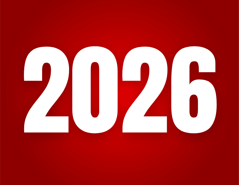 Weiße Jahreszahl 2026 auf rotem Hintergrund – Veranstaltungsüberblick von PFREUNDT.