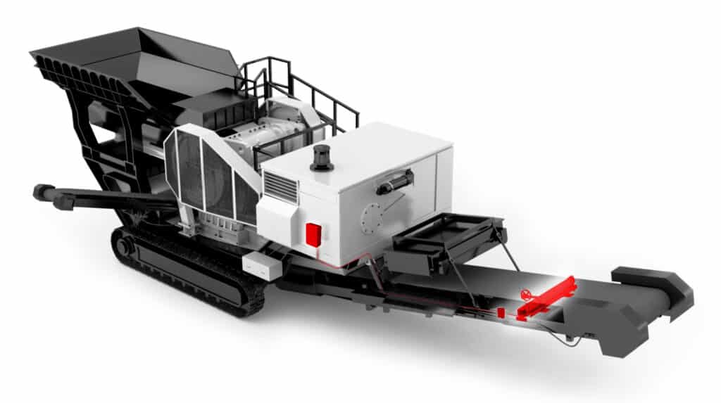 3D-Darstellung eines mobilen Brechers mit PFREUNDT Bandwaage am Austragsband.