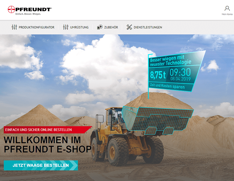 Wheel loader with PFREUNDT scale on a sand hill, precise measurement data on the screen, PFREUNDT e-shop welcome text.
