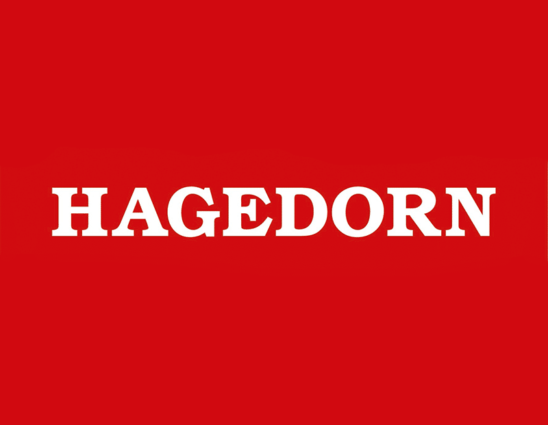Hagedorn logo: white “HAGEDORN” lettering on a red background.
