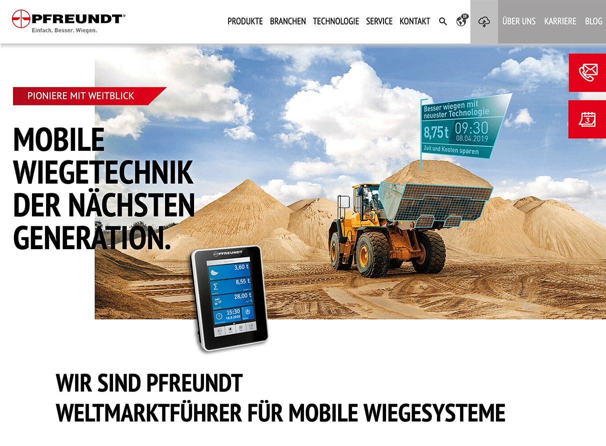 Startseite der neuen PFREUNDT Website mit Radlader in der Sandgrube und dem Slogan „Mobile Wiegetechnik der nächsten Generation“.