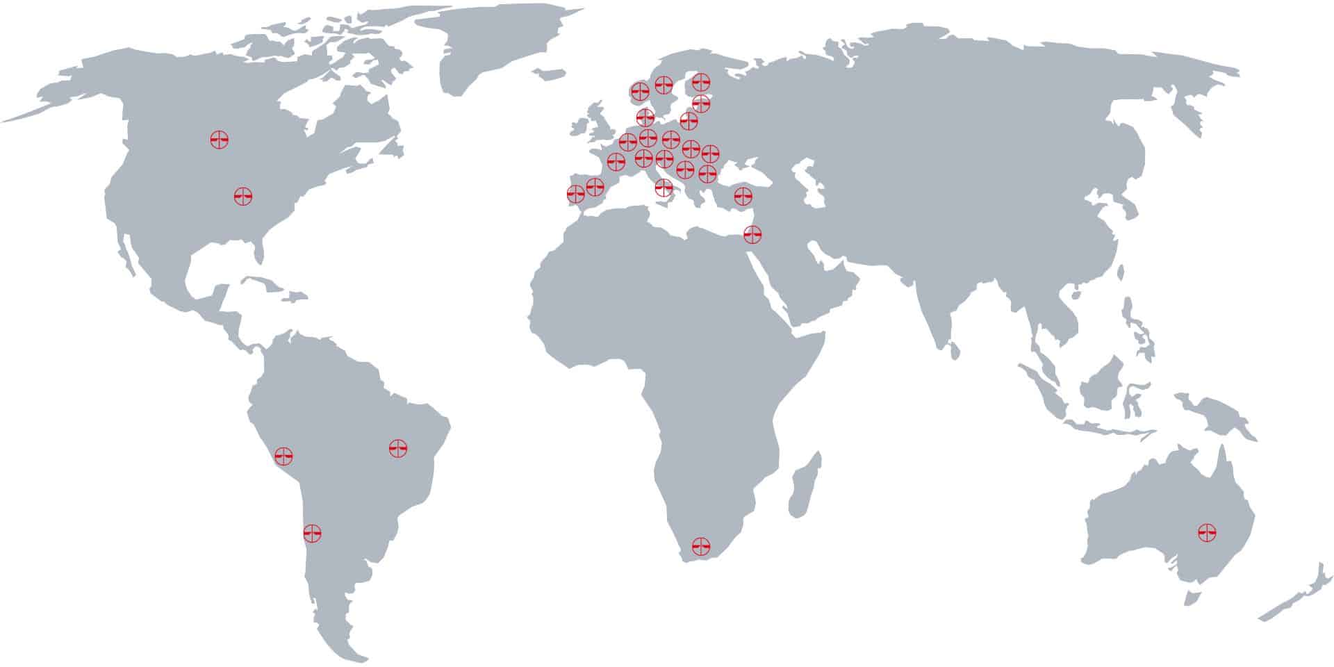 World map showing the locations of PFREUNDT, a supplier of mobile weighing systems, marked worldwide in North America, Europe and Australia.