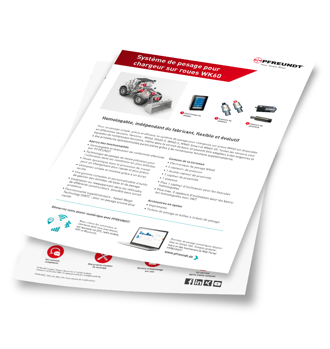 Fiche produit PFREUNDT Pesage embarqué – Chargeur sur roues avec détails techniques et illustrations du produit.