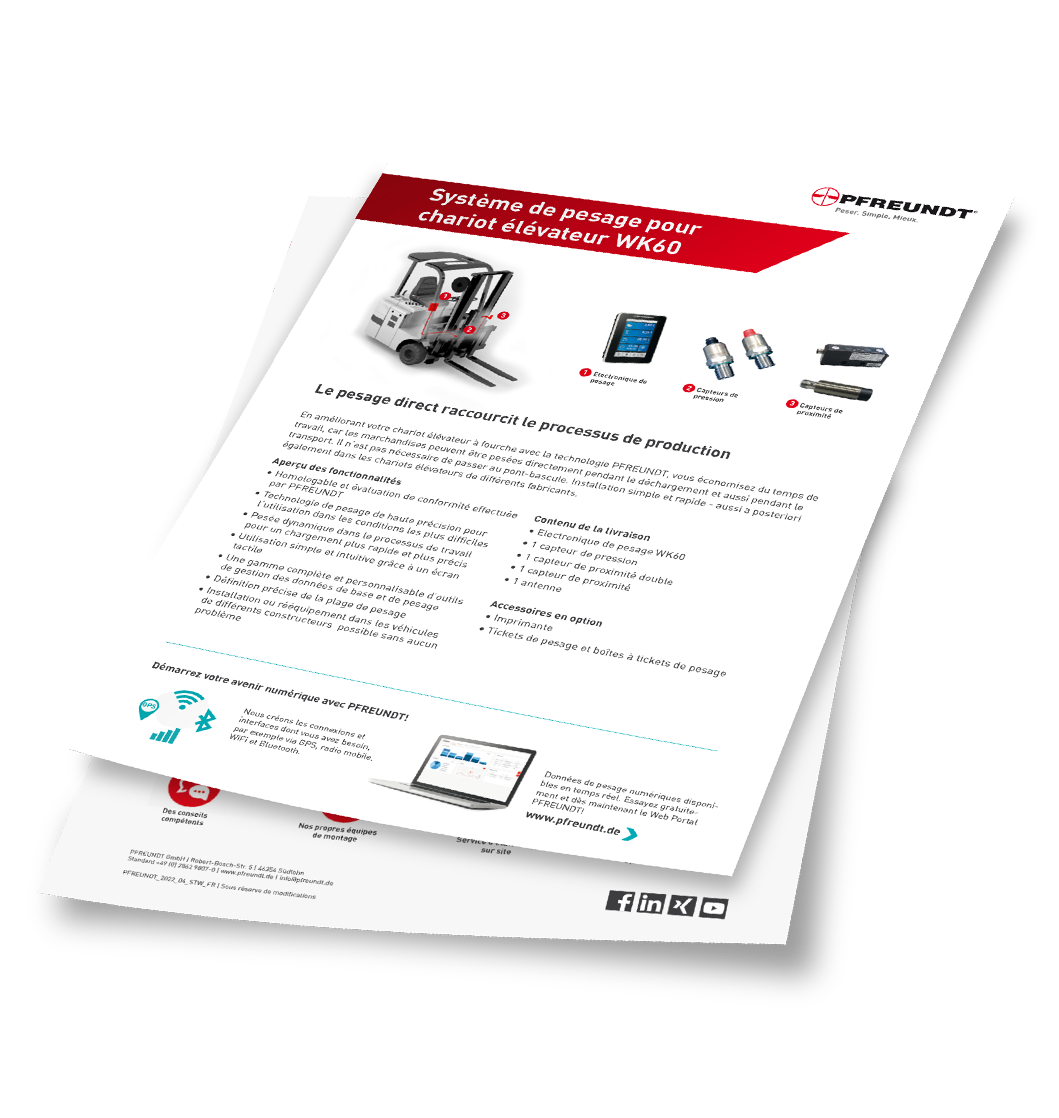 Fiche produit PFREUNDT Pesage embarqué – Chariots élévateurs avec détails techniques et illustrations du produit.