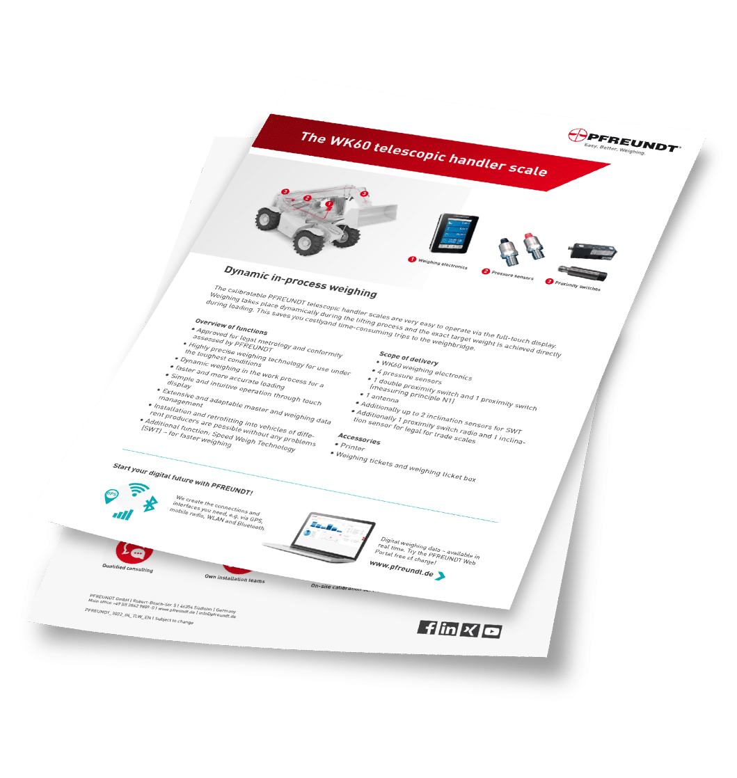 Product sheet for the PFREUNDT WK60 Telescopic Handler Scale for construction and industrial applications.