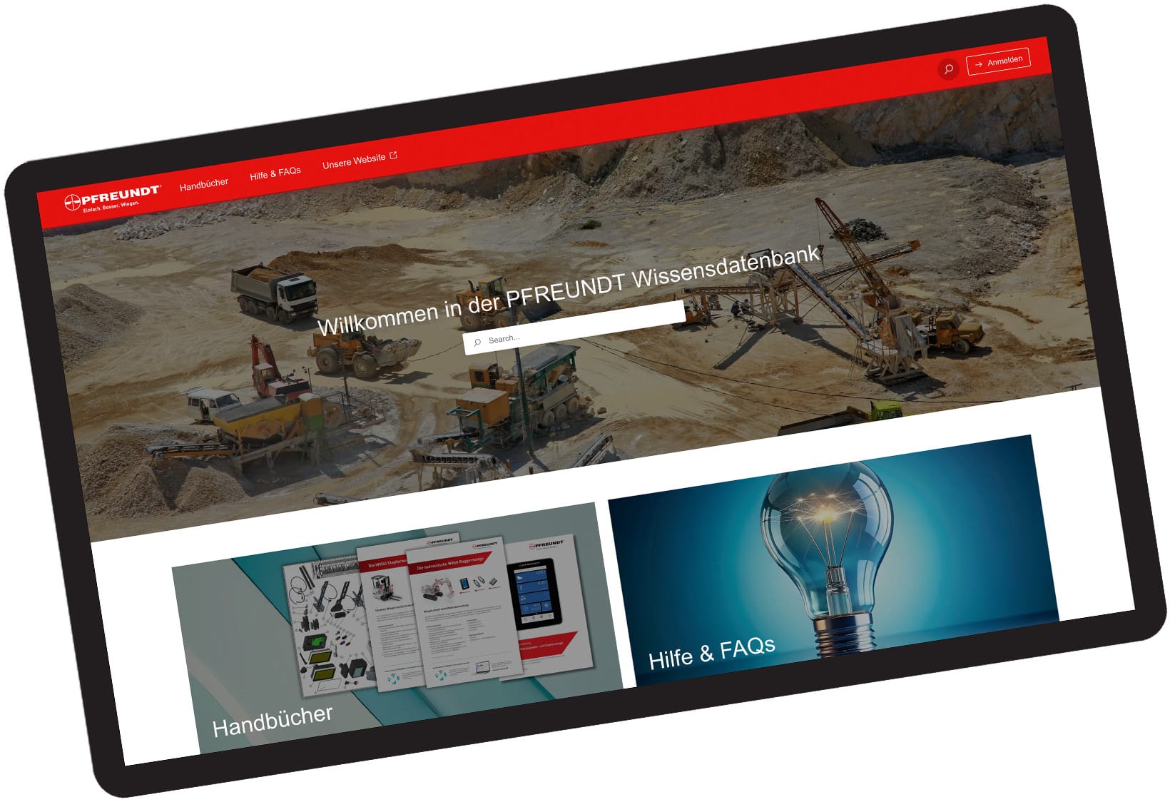 The PFREUNDT knowledge base on a laptop screen with excavators in the background, manuals, and help & FAQs.