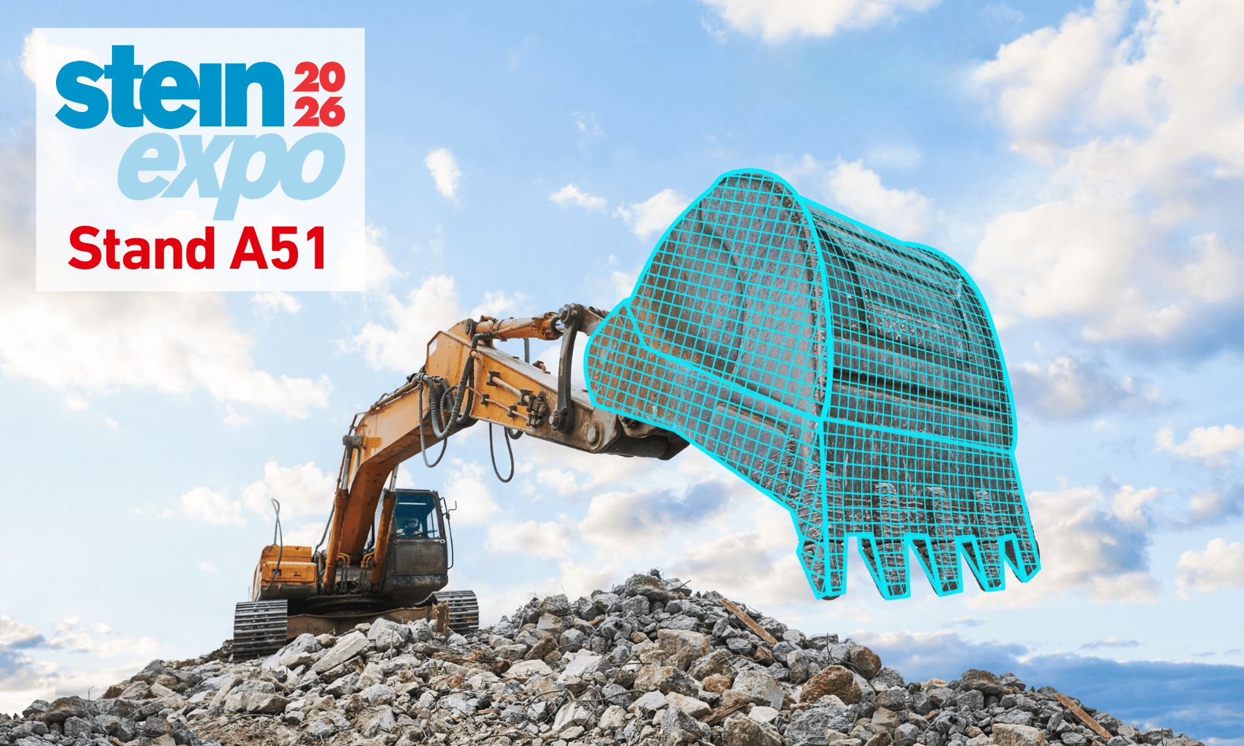 Excavator with PFREUNDT excavator scale lifting rocks – notice about steinexpo 2026, Booth A51.