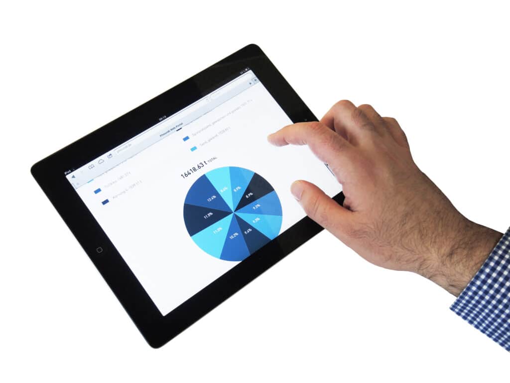 Hand operating a tablet with a chart showing PFREUNDT mobile weighing systems.