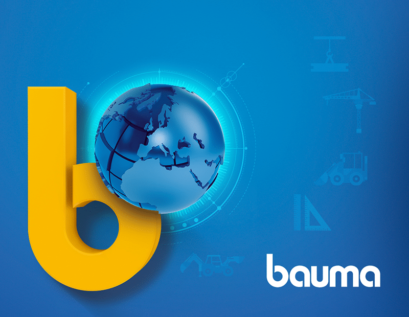 Logo der Fachmesse bauma mit stilisiertem Globus auf blauem Hintergrund.