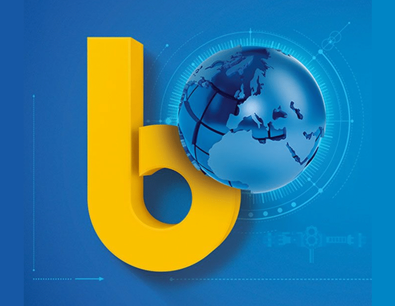 Logo of the bauma trade fair: yellow “b” with a stylized globe on a blue background.
