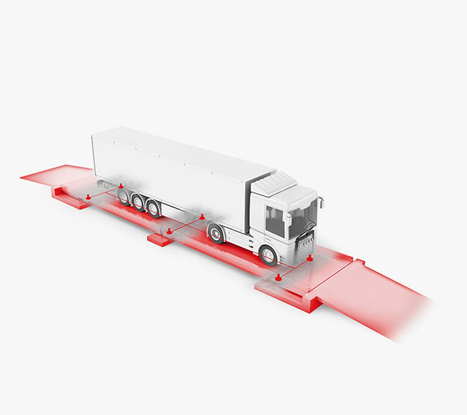 A truck on a PFREUNDT mobile vehicle scale, highlighted in red, for the precise measurement and monitoring of the vehicle’s weight.