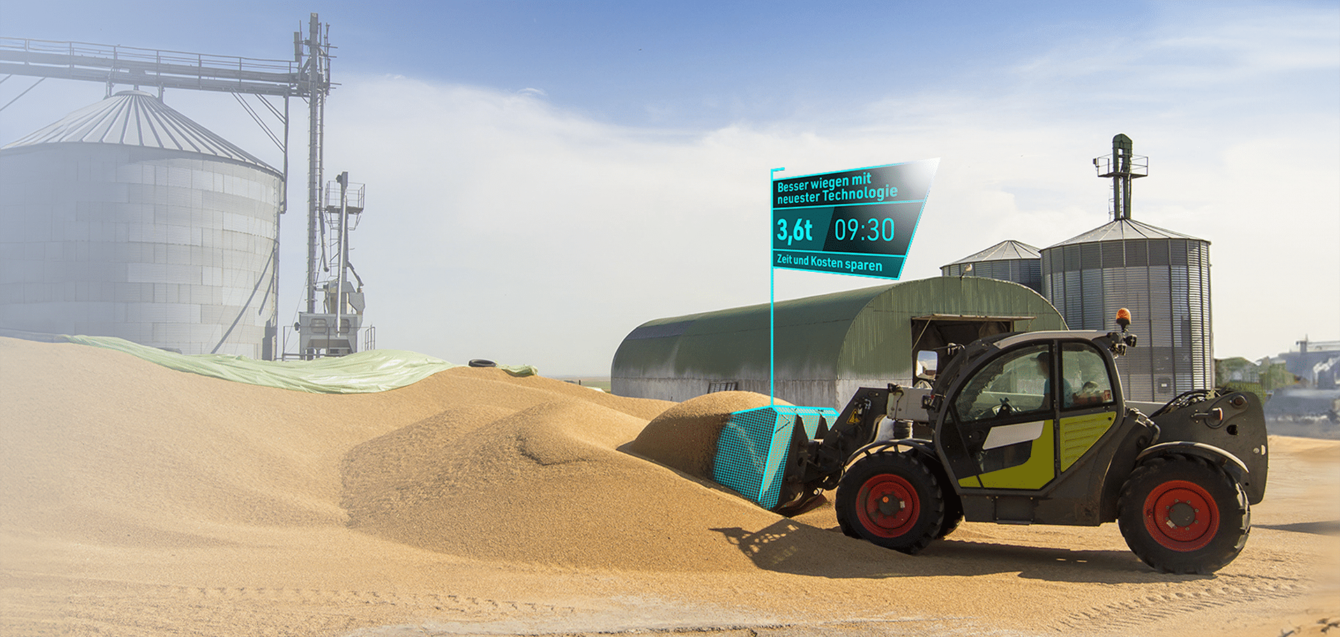 Traktor mit PFREUNDT-Wiegesystem wiegt Getreide für präzise Messungen, Zeit- und Kostenersparnis dank modernster Technik.