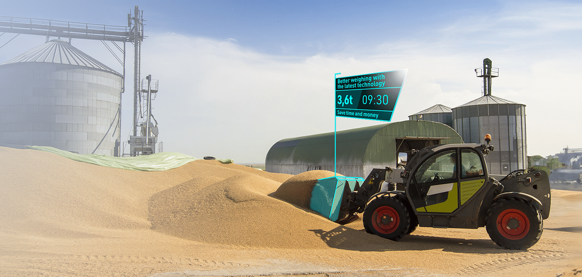 Telescopic loader with a mobile PFREUNDT weighing system used in grain processing. Display: 3.6 t, 09:30. Saves time.
