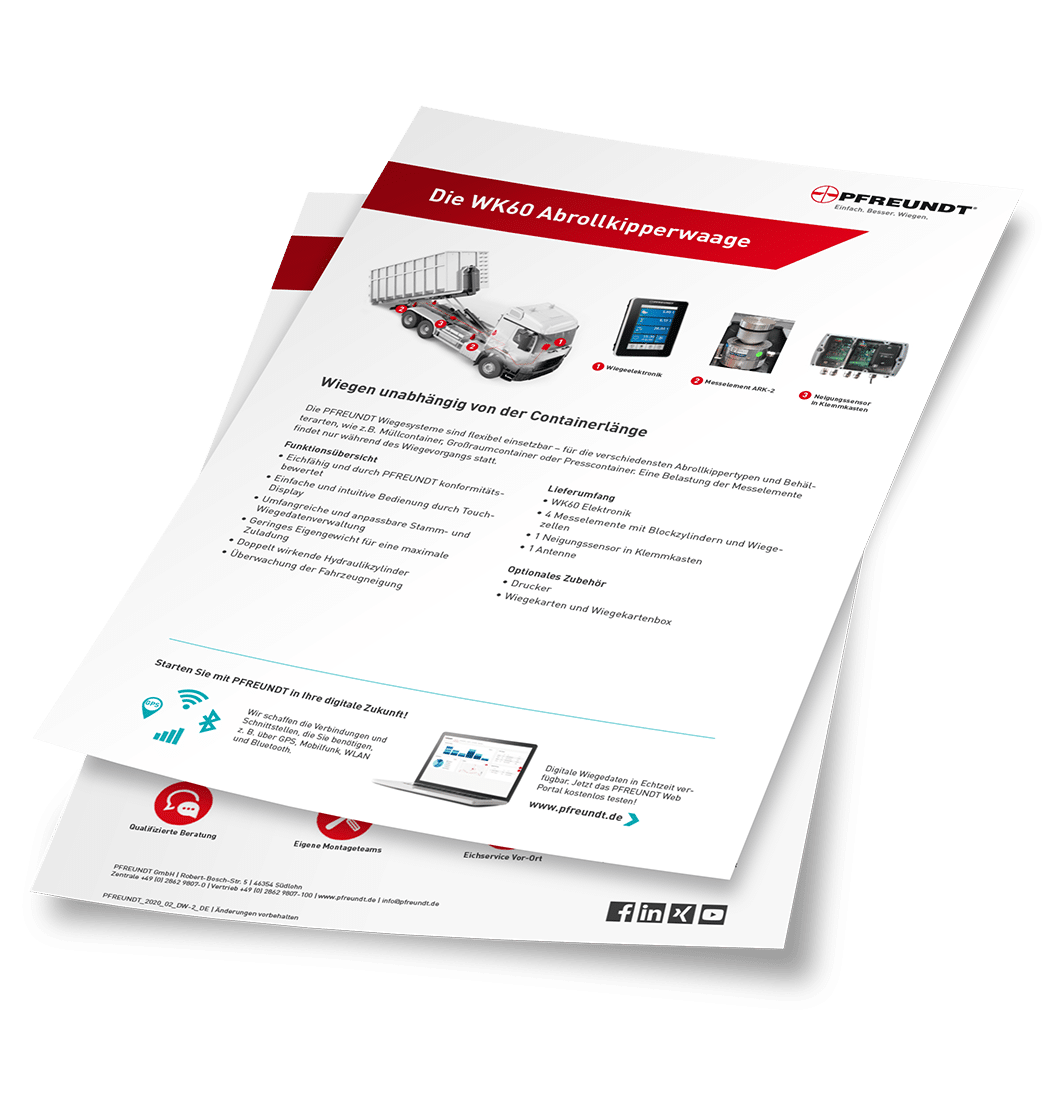 Product sheet for the PFREUNDT WK60 Hook-Lift Scale with weighing system and product features.