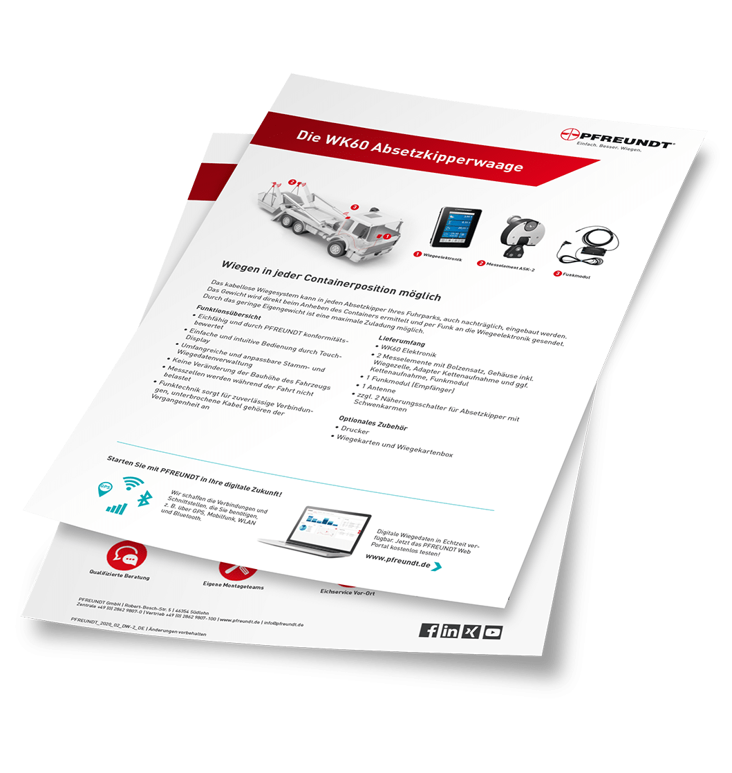 Product sheet for the PFREUNDT WK60 Skip Loader Scale with applications and accessories.