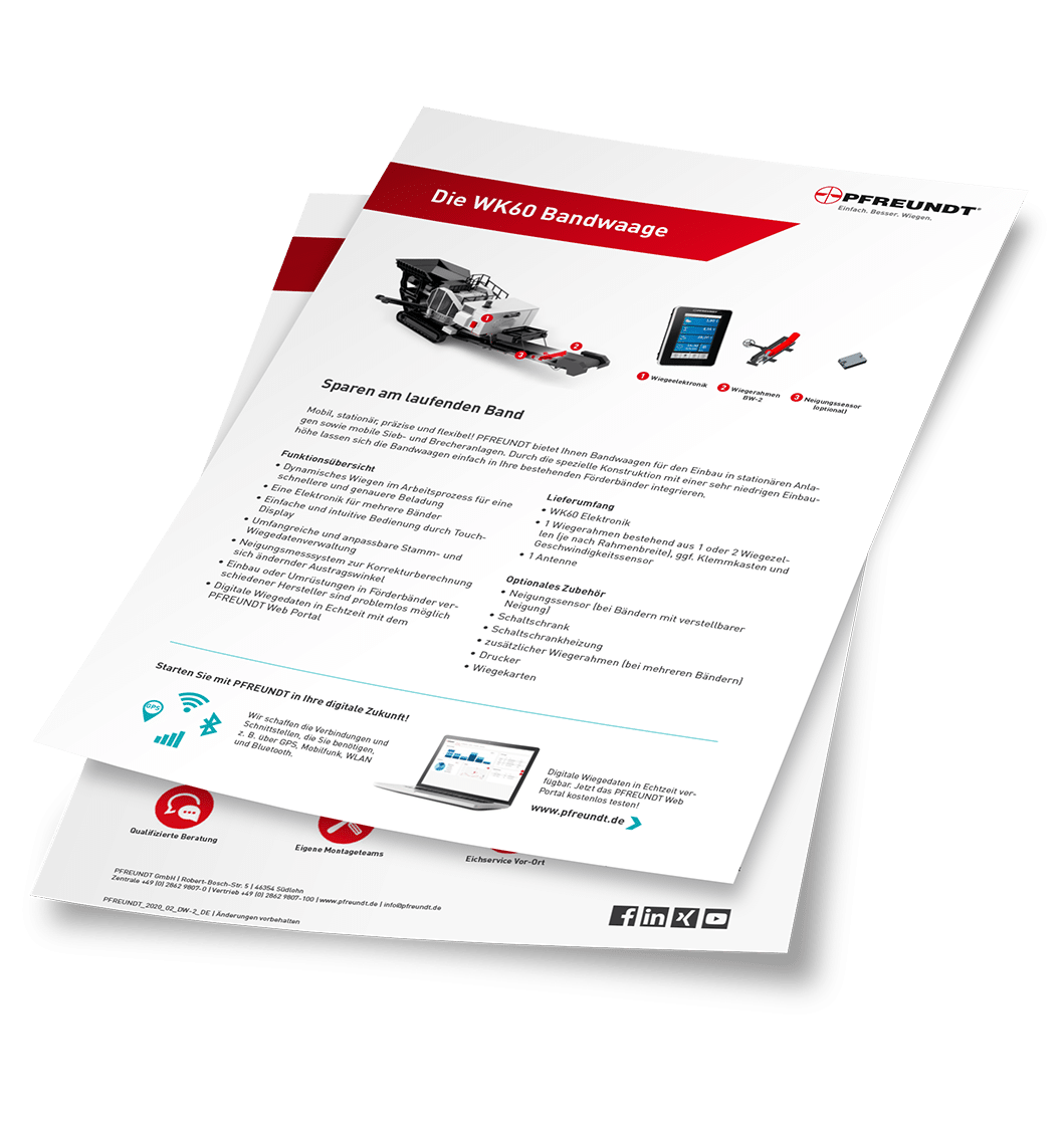 Fiche produit PFREUNDT Pesage embarqué – Convoyeurs à bandes WK60 avec fonctionnement, contenu de la livraison, accessoires et connectivité numérique.