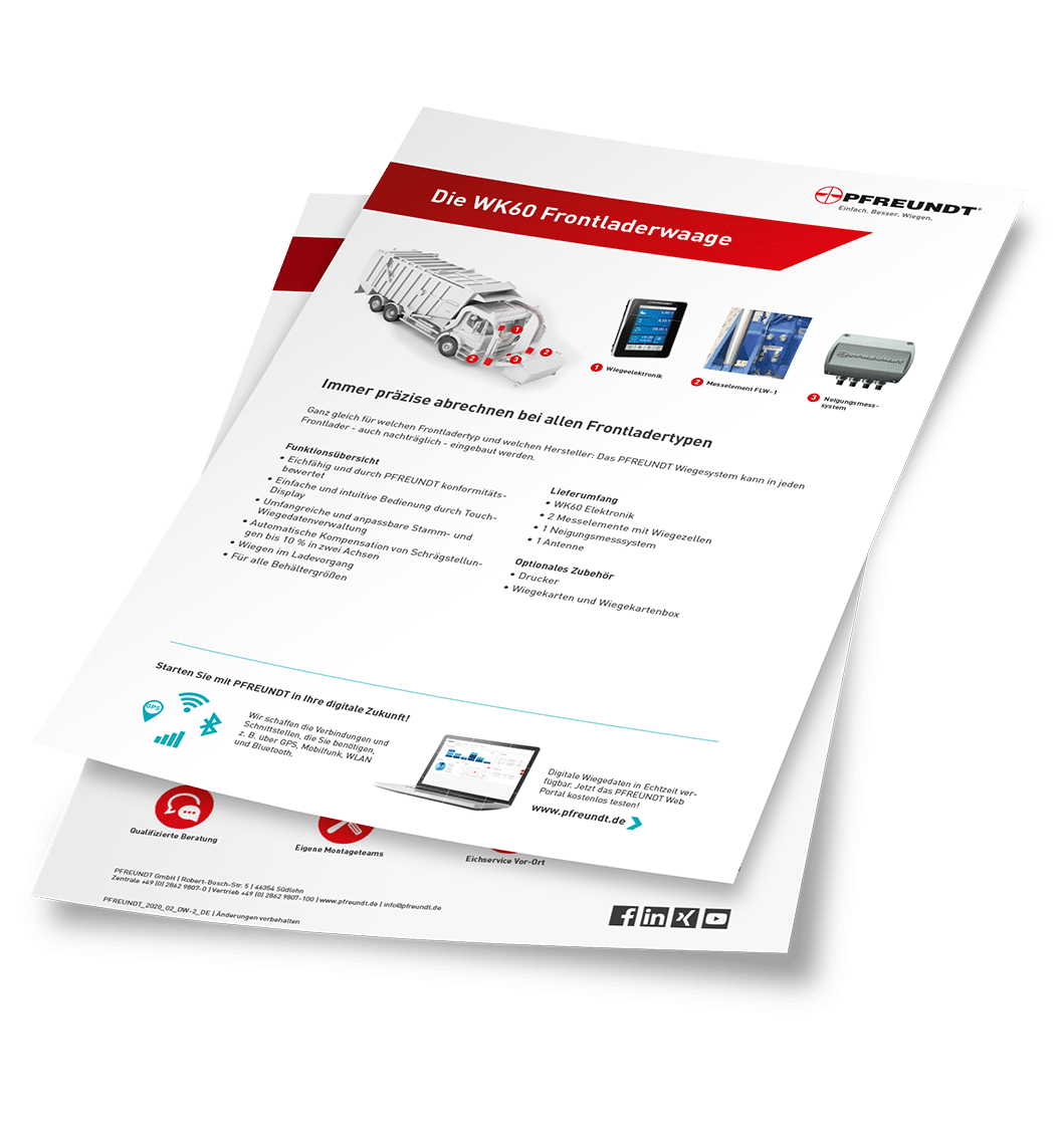 Fiche produit PFREUNDT Pesage embarqué – Camions de chargement frontal WK60 avec informations produit et solutions numériques.