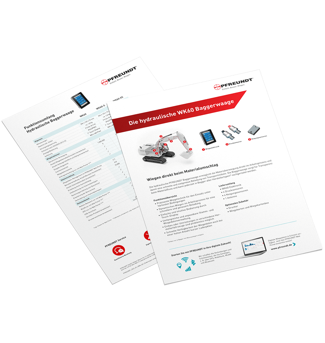Product sheets for the PFREUNDT WK60 Excavator Scale.