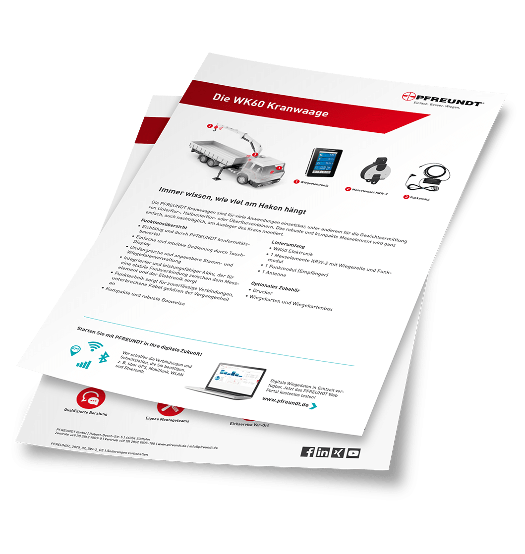 Produktblatt der PFREUNDT Kranwaage WK60 mit Informationen zum Wiegesystem und Zubehör.
