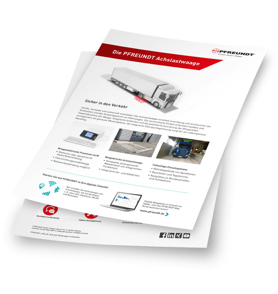 Product sheet for the PFREUNDT Axle Load Scale with product description and areas of application.