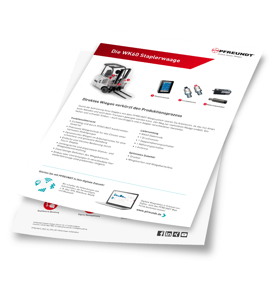 Produktblatt der PFREUNDT Staplerwaage WK60 für effizientes Wiegen in Produktion und Logistik.