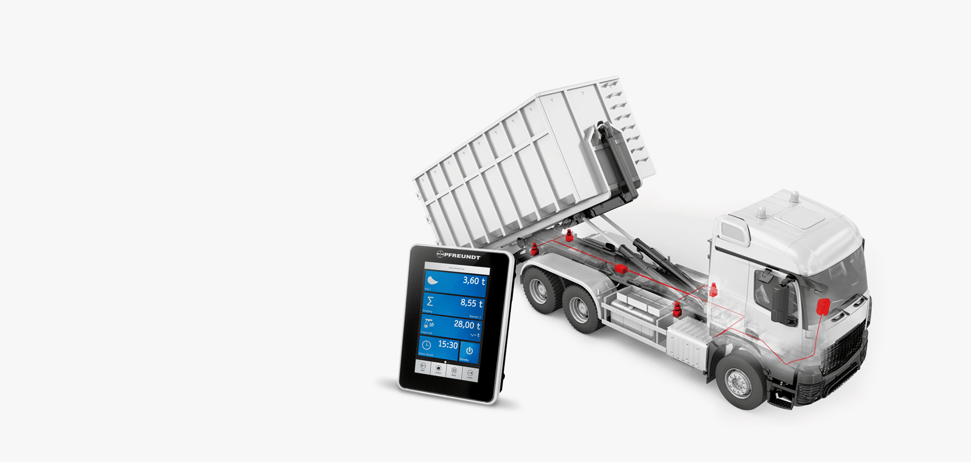 PFREUNDT Pesage embarqué – Camions avec bras de levage : camion avec bras de levage et conteneur, composants de pesage marqués en rouge et terminal de pesage.