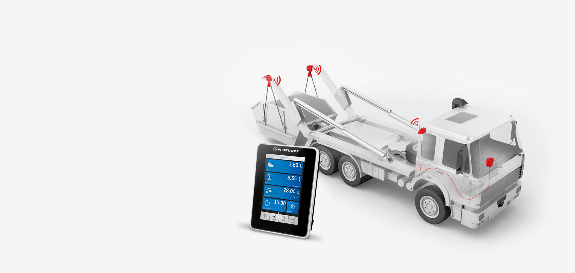 PFREUNDT Pesage embarqué – Camions multibennes : camion multibenne avec composants de pesage marqués en rouge et terminal de pesage.
