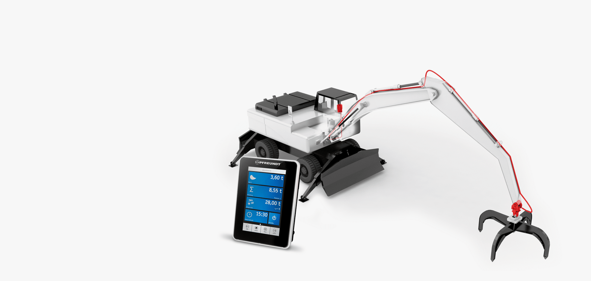 PFREUNDT Material Handler Scale: material handler with grapple, weighing components highlighted in red and a weighing terminal.