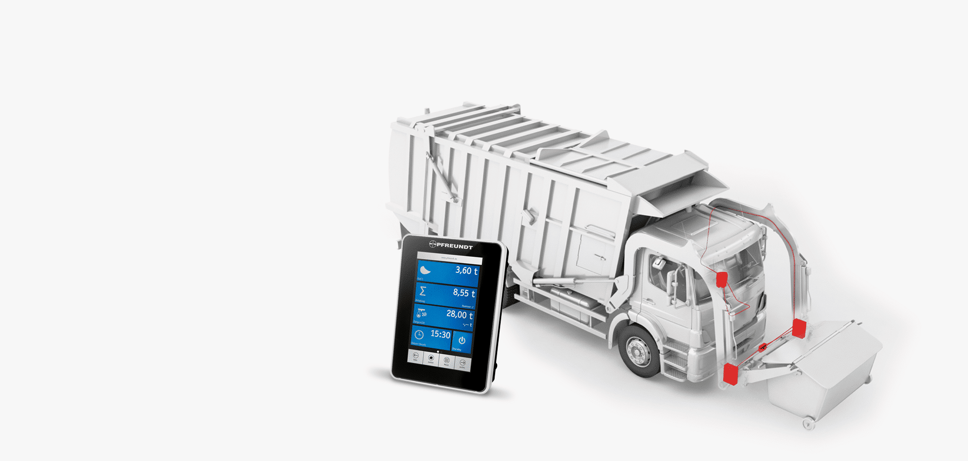 PFREUNDT Pesage embarqué – Camions de chargement frontal : camion de collecte à chargement frontal avec composants de pesage marqués en rouge et terminal de pesage.