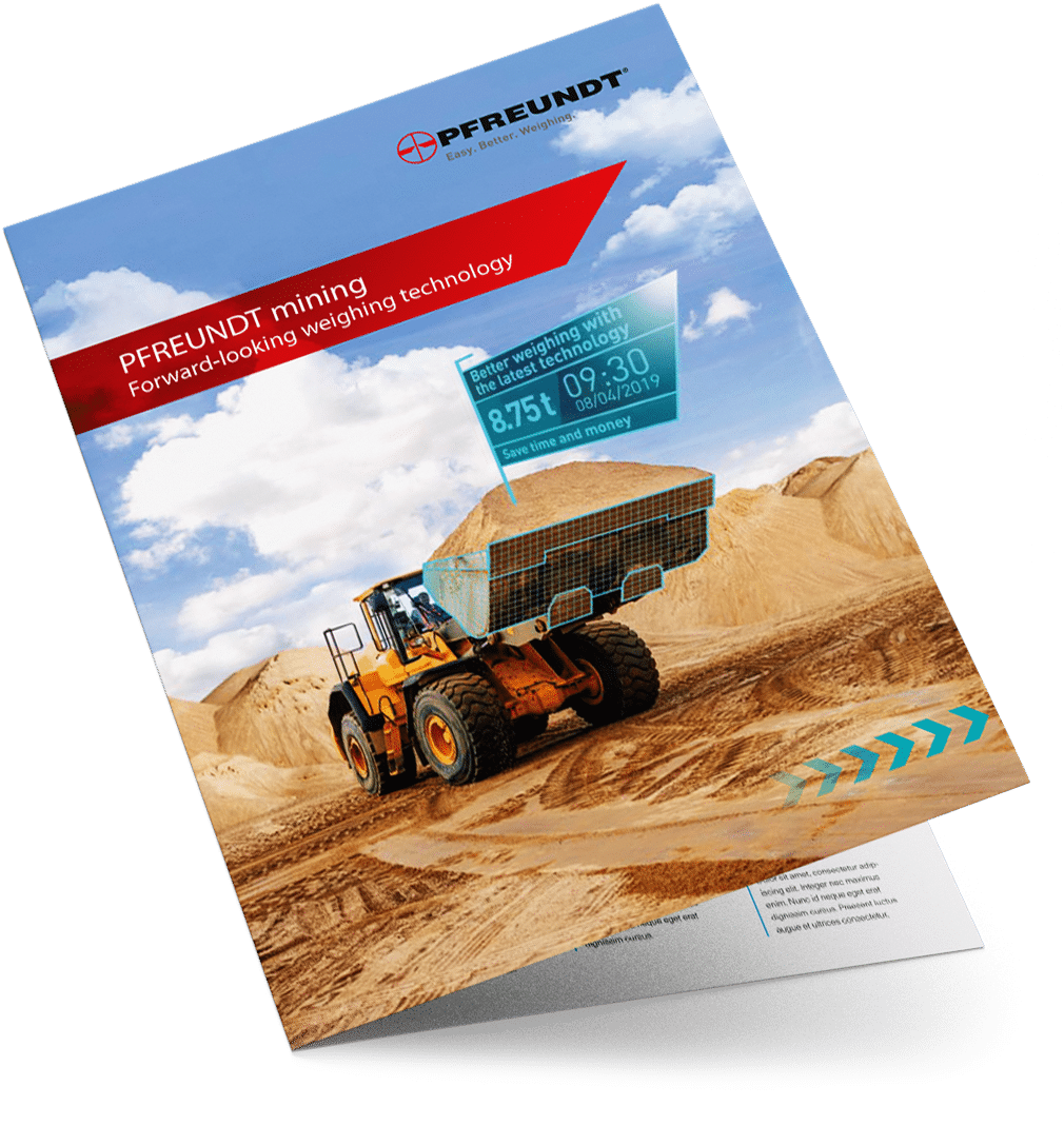 The PFREUNDT brochure shows a heavy-duty vehicle with a weighing system in a sand pit under a blue sky.