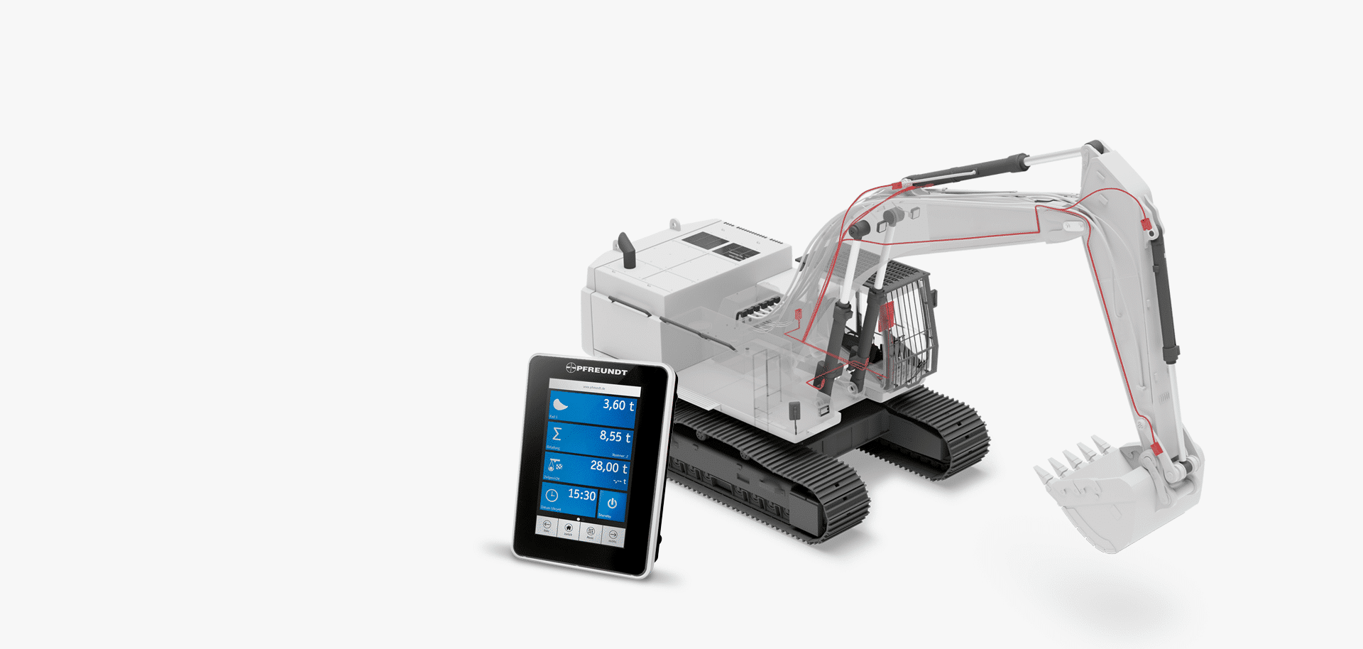 PFREUNDT Excavator Scale: hydraulic excavator with weighing components highlighted in red and a weighing terminal.