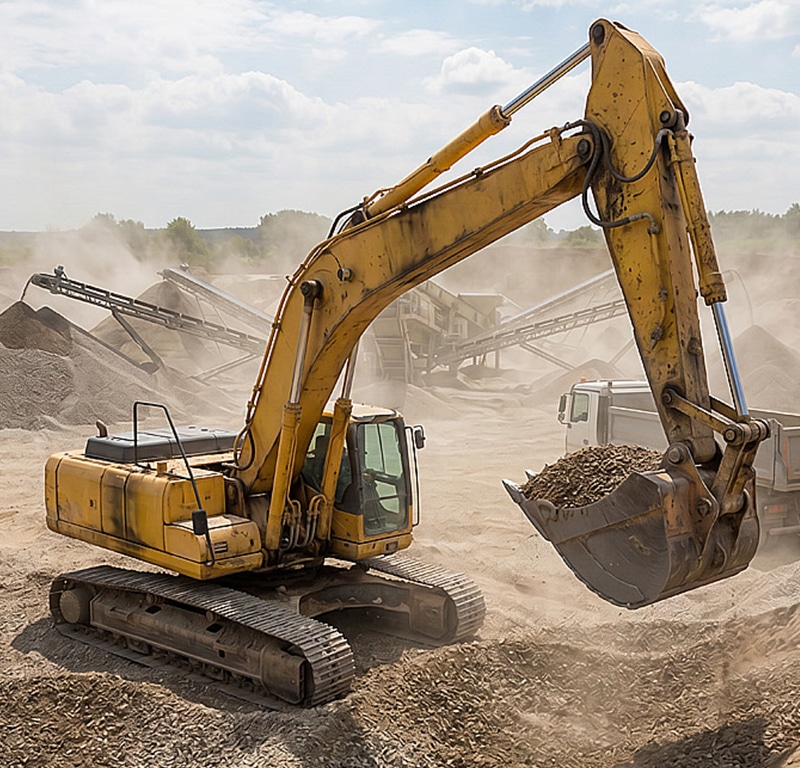 Yellow hydraulic excavator with PFREUNDT Excavator Scale lifting a bucket of gravel on a dusty construction site.