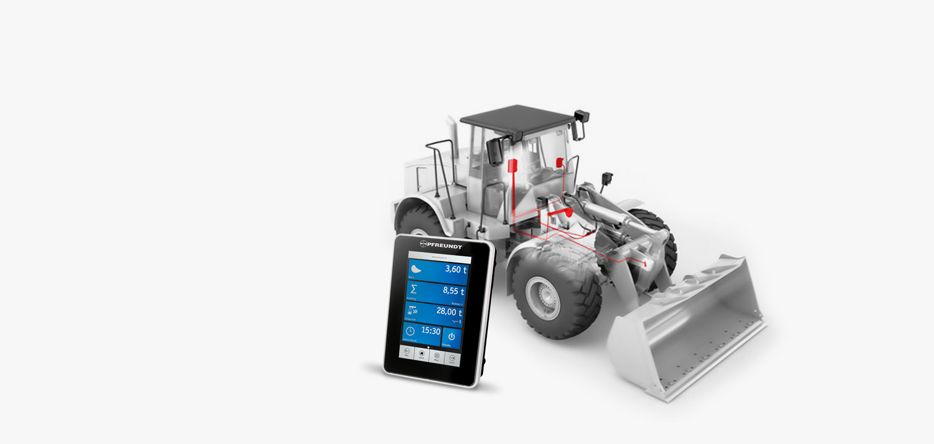 PFREUNDT Wheel Loader Scale: wheel loader with weighing components highlighted in red and a weighing terminal showing the weight.