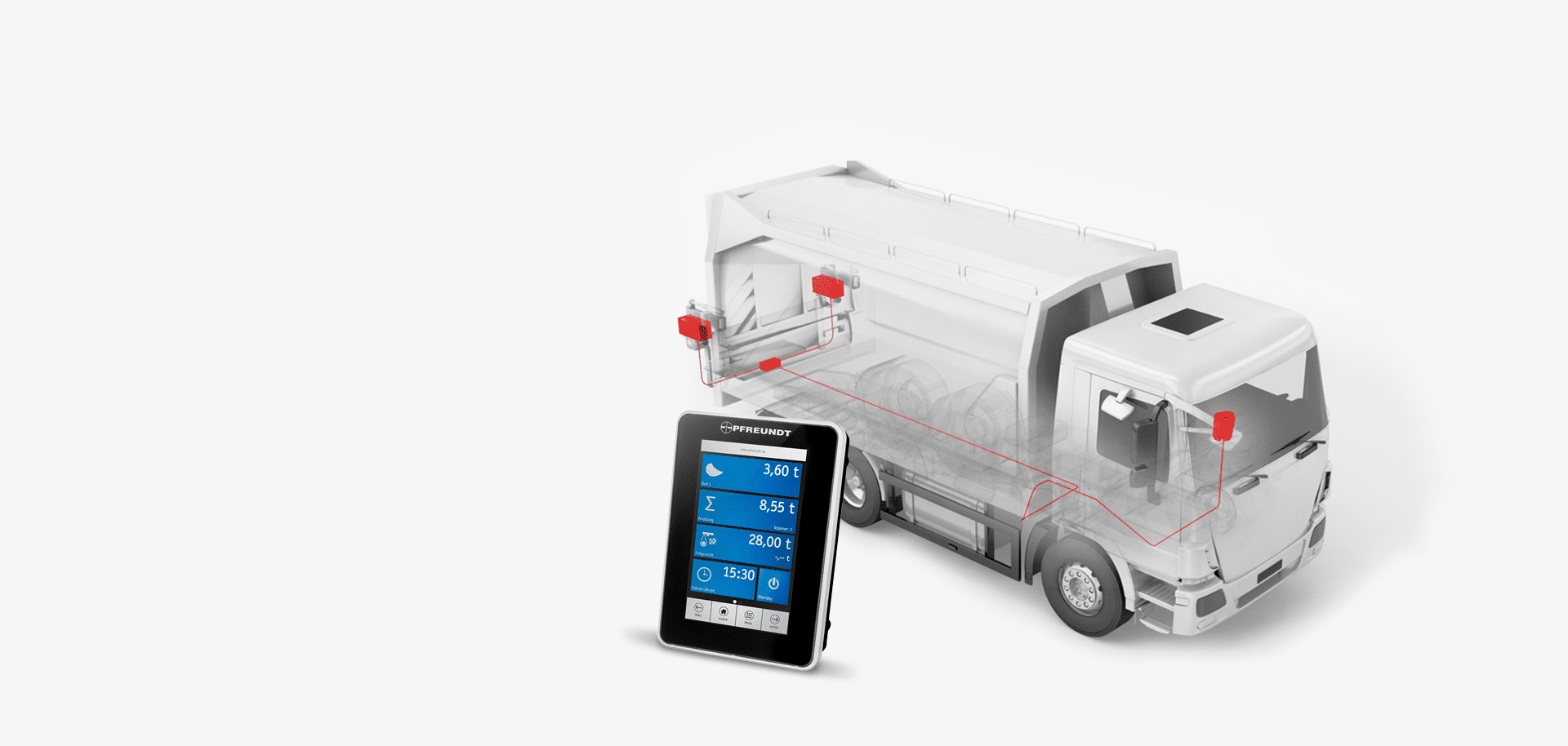 PFREUNDT Lifter Scale: garbage collection vehicle with the lifter highlighted in red and a weighing terminal.