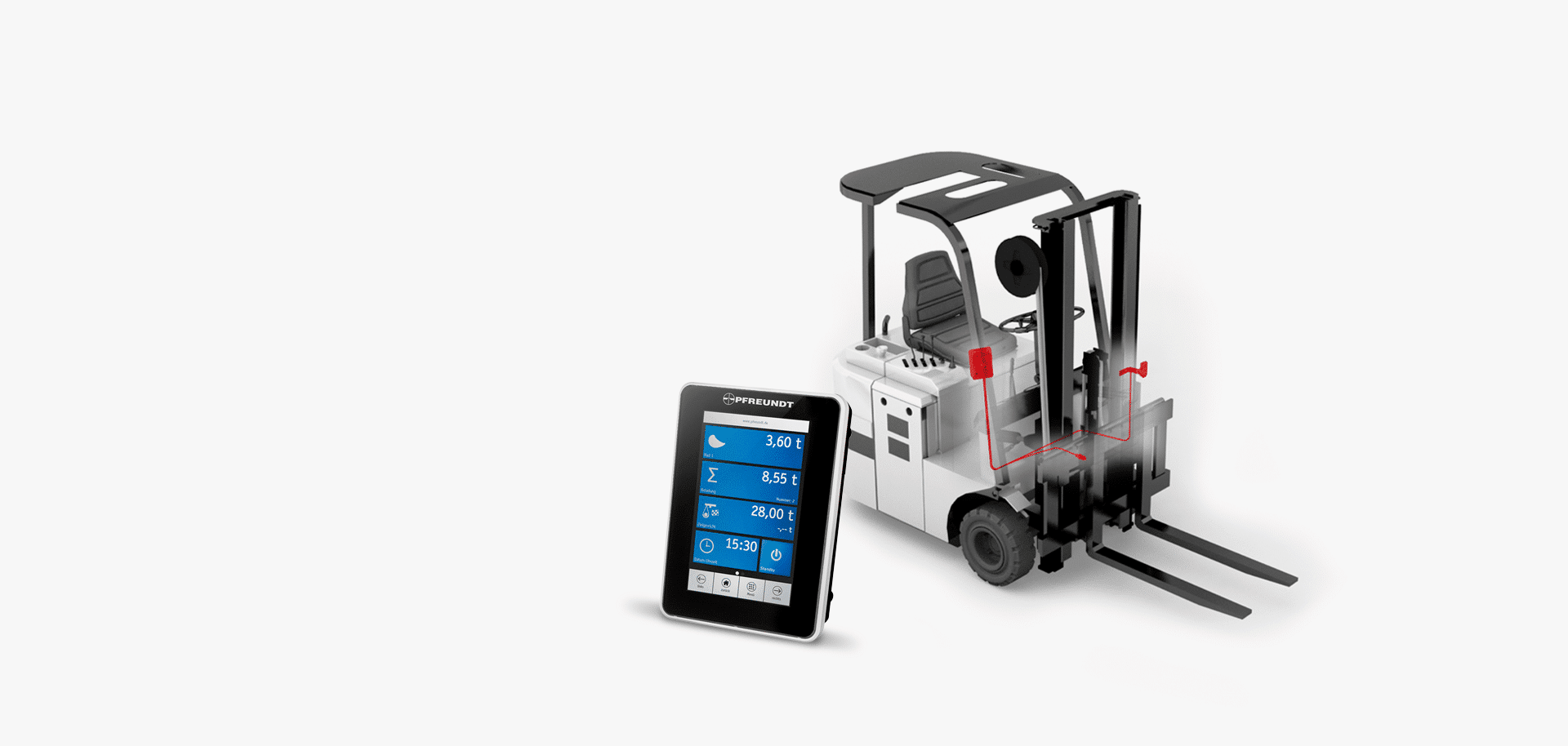 PFREUNDT Forklift Scale: forklift with weighing components highlighted in red and a weighing terminal.