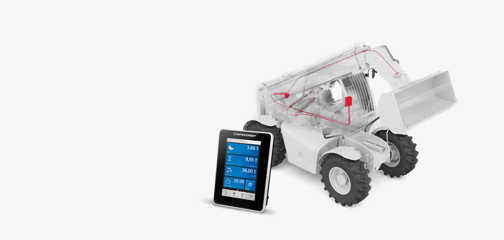 PFREUNDT Telescopic Handler Scale: telescopic handler with weighing components highlighted in red and a weighing terminal.