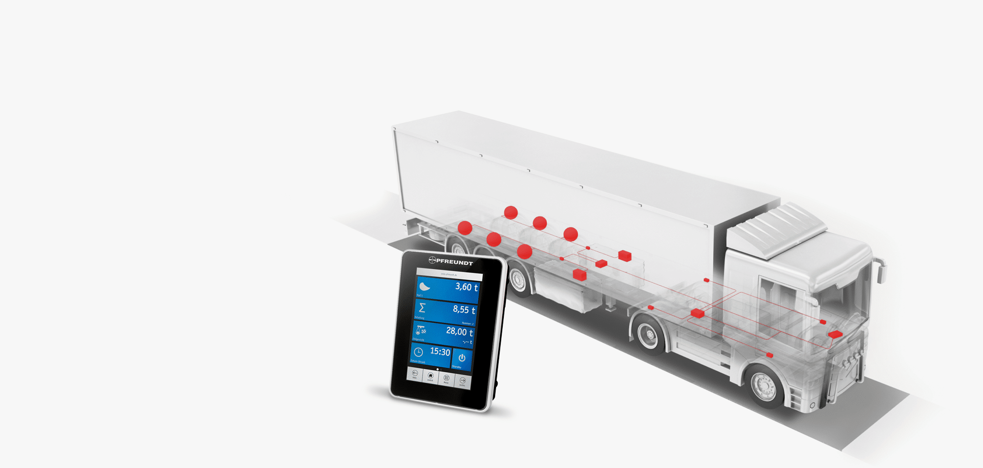 PFREUNDT Overload Control System: truck with load cells highlighted in red and a weighing terminal showing axle loads.