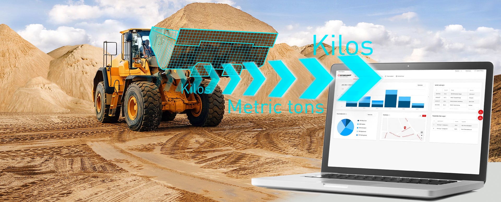 A yellow wheel loader on a building site; on the left, mounds of sand; on the right, a laptop displaying PFREUNDT weighing data, shown in kilograms and tonnes.