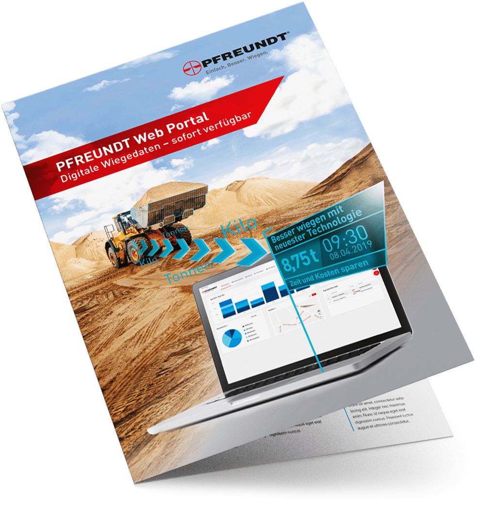 Broschüre zum PFREUNDT Web Portal: mobile Wiegesysteme im Einsatz, Portal-Anzeige und Radlader in einer Sandgrube.