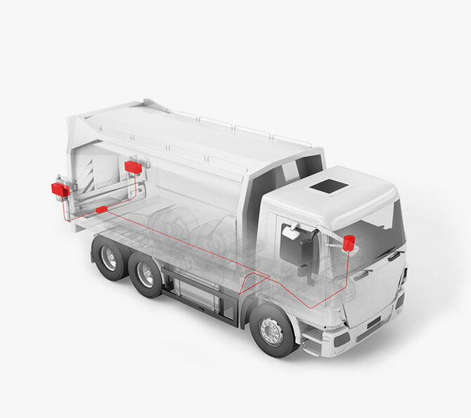 Ein Lkw, der mit einem integrierten PFREUNDT-Wiegesystem ausgestattet ist, das die Gewichtsmessung bei verschiedenen Fahrzeugtypen ermöglicht.