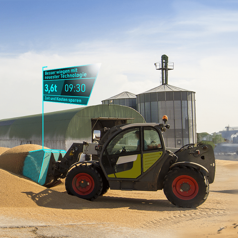 Teleskoplader mit PFREUNDT Wiegesystem zeigt 3,6 t Ladung an, Technologie für effiziente Gewichtsmessung auf dem Feld.