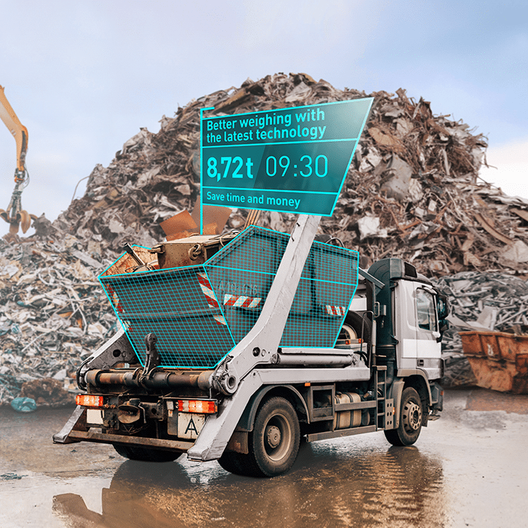 Lorry with a container and a digital weighing display, showing 8.72 tonnes. Technology from PFREUNDT for efficient, mobile weighing.