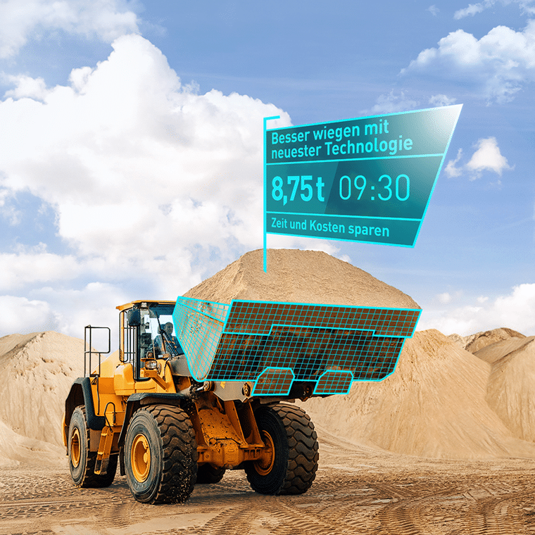 Radlader in Kiesgrube mit digitalem Wiegesystem von PFREUNDT, Anzeige zeigt 8,75t. Effizientes Wiegen, Zeit und Kosten sparen.