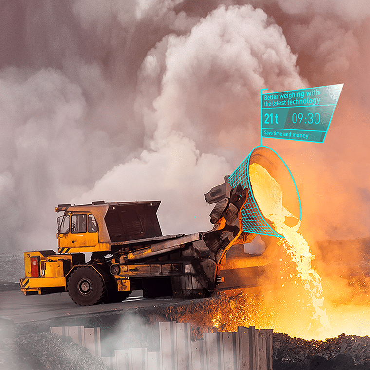 A yellow machine with a digital weight display tips hot metal; PFREUNDT mobile weighing systems improve efficiency.